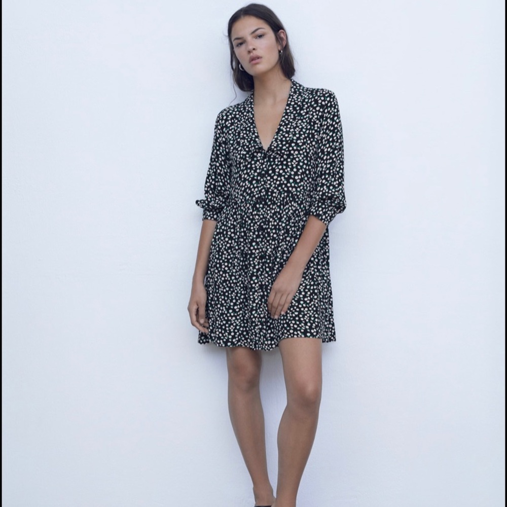 Zara Black Mini Dress with White Ditsy Print